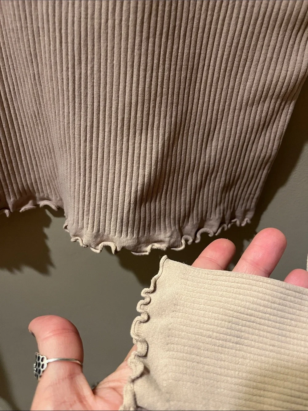 Free People Ribbed Lettuce-Edge Long Sleeve Top in Light Blush